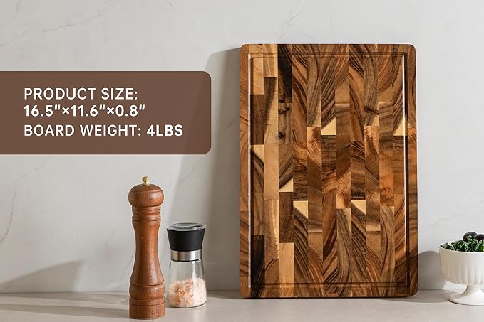 Walnut Wood Cutting Board for Kitchen, End Grain Chopping Board with Juice Groove, Heavy Duty Checkered Board for Cheese and Vegetables, Non-slip Feet 16.5" x 11.6" x 0.8"