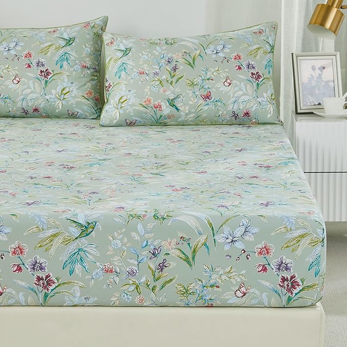 Brandream Garden Style Butterfly Floral Bedding Elegant Watercolor Painting Farmhouse King Size Bed Sheets Set Luxury Bedding Collections 800TC 100% Egyptian Cotton Deep Pocket, 4Pc Green