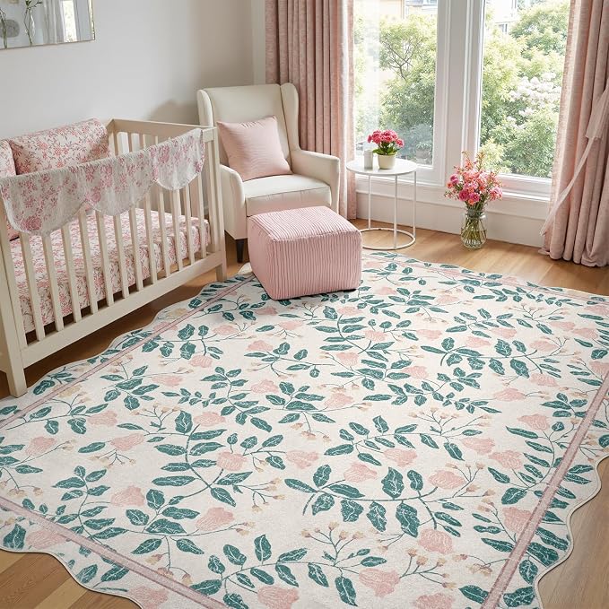 DCX Pink Botanical 5x7 Rug, Machine Washable Non Slip Stain Resistant Carpet, Kid & Pet Friendly Low Pile Floral Scalloped Rug for Living Room, Bedroom, Home Office