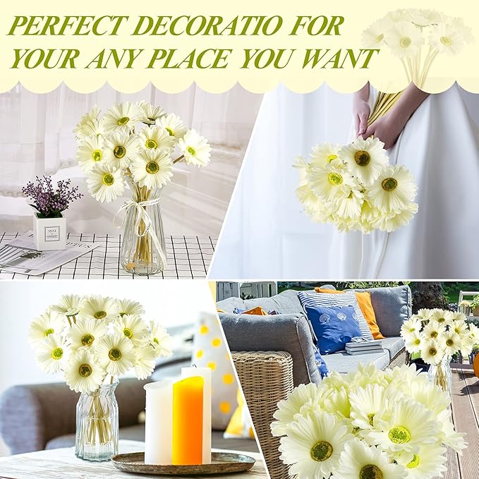 WILLBOND 18 Pieces Artificial Gerbera Daisies Flowers Fake Daisy Faux Boho Daisy Flowers Bouquet 15 in for Boho Birthday Decorations Wedding Home Decor (White)