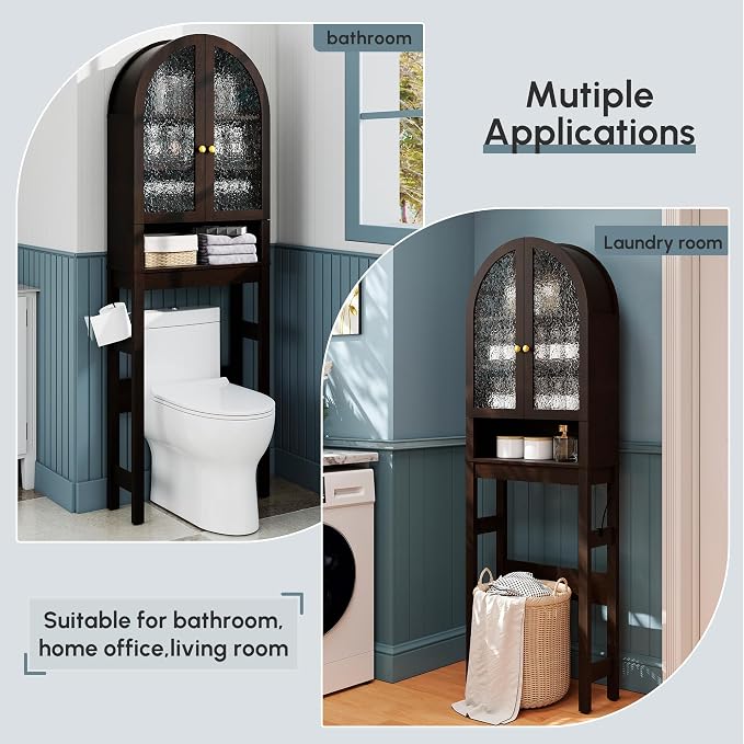 Over The Toilet Storage Cabinet, Arched Bathroom Organizer and Storage with Acrylic Doors and Adjustable Shelf , Space-Saving Modern Freestanding Bathroom Modern Storage Cabinet Over Toilet (Espresso)