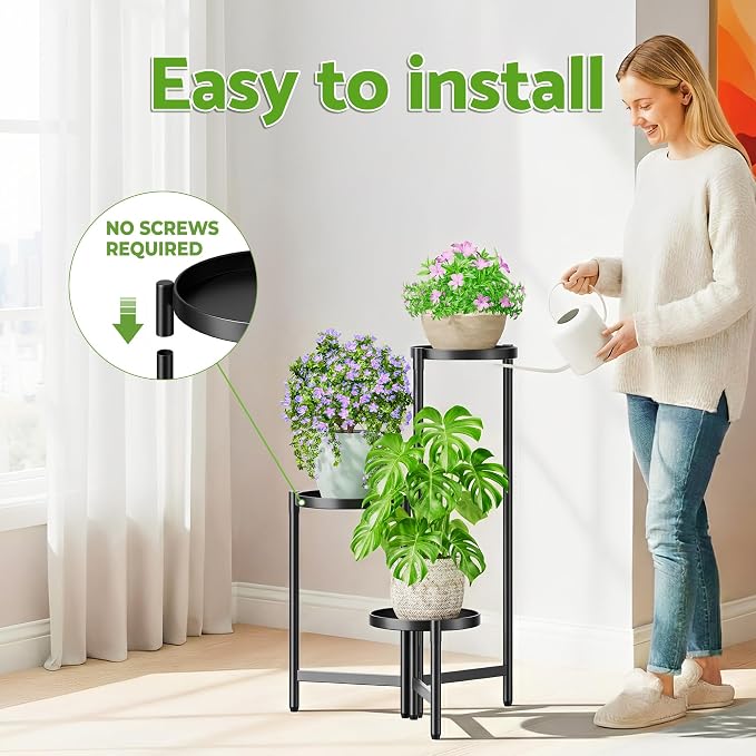 3 Tier Large Plant Stand Indoor with 7.9 Inch Wide Tray, Tiered Corner Metal Outdoor Flower Holder Stand, Folding Tall Rack for Display Shelf for Patio Porch Balcony - BlackDisk