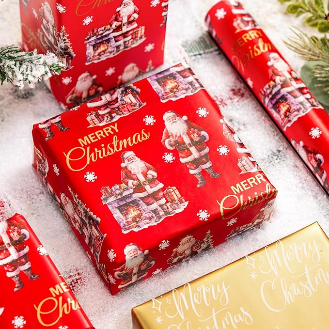 MAYPLUSS Christmas Wrapping Paper Roll - 17IN X 33FT - Red Gift Wrapping Paper Featuring Santa Claus Fireplace Against Red Reversible Merry Christmas for Kids, Holiday, New Year