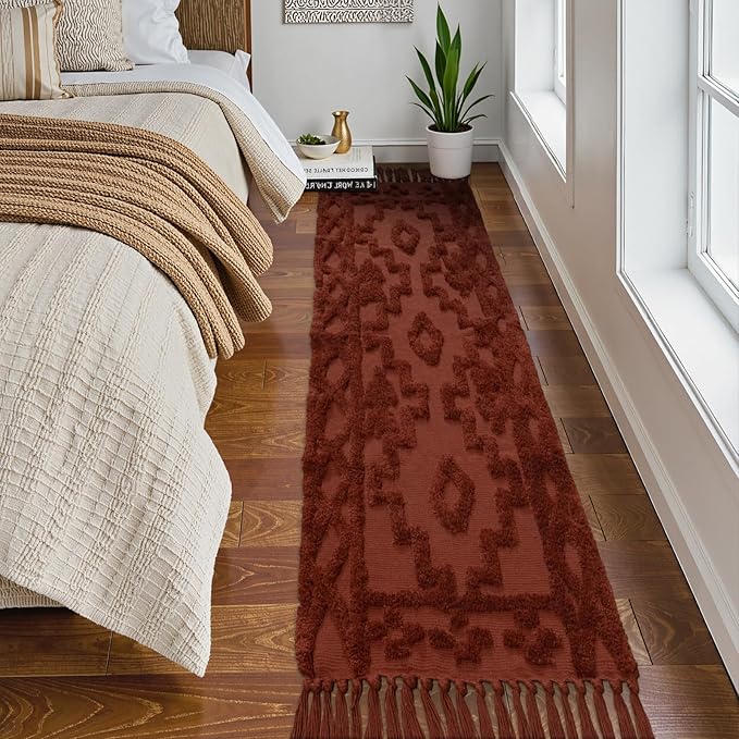 Uphome Boho Runners for Hallways 2' x 8', Washable Farmhouse Entryway Runner Rug, Cotton Tufted Bedroom Runner Rugs, Bohemian Tribal Aesthetic Rug for Kitchen Doorway Bathroom Living Room, Terracotta