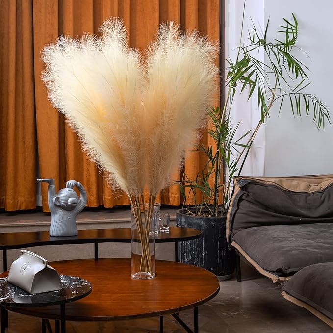 Faux Pampas Grass 6 Stems, Artificial Pampas Grass - 43 inch Total Extra Large Pompass Grass Tall Pompous Boho Flower Arrangement and Floor Vase Filler Home Decor for Room Wedding Party