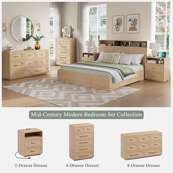 25.8" Tall Night Stand with Charging Station, 21.7" Wide Wood End Table with 2 Storage Drawers, Open Shelf & Unique Base, Mid Century Modern Bedside Table for Bedroom, Living Room, Natural Oak