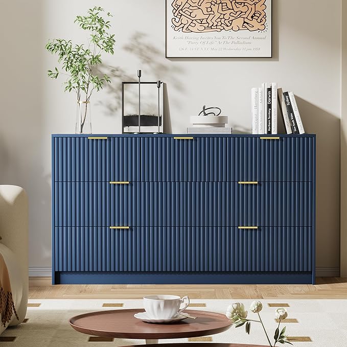 Navy Blue Dresser for Bedroom, Modern Dresser with 7 Drawers and Smooth Slides, Wide Chest of Drawers with Golden Handles for Bedroom, Living Room, Closet, 15.7" D x 55.1" W x 31.4" H