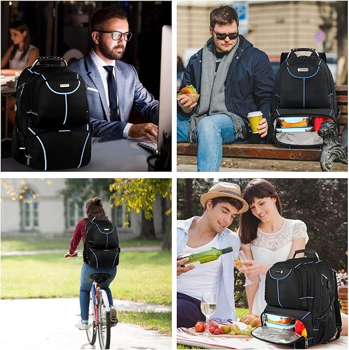 VECKUSON Lunch Bag Backpack, Insulated Cooler Lunch Box Backpack, Extra Large Travel Laptop Backpack TSA Friendly RFID Computer College bag with USB Port for Women Men,Blue