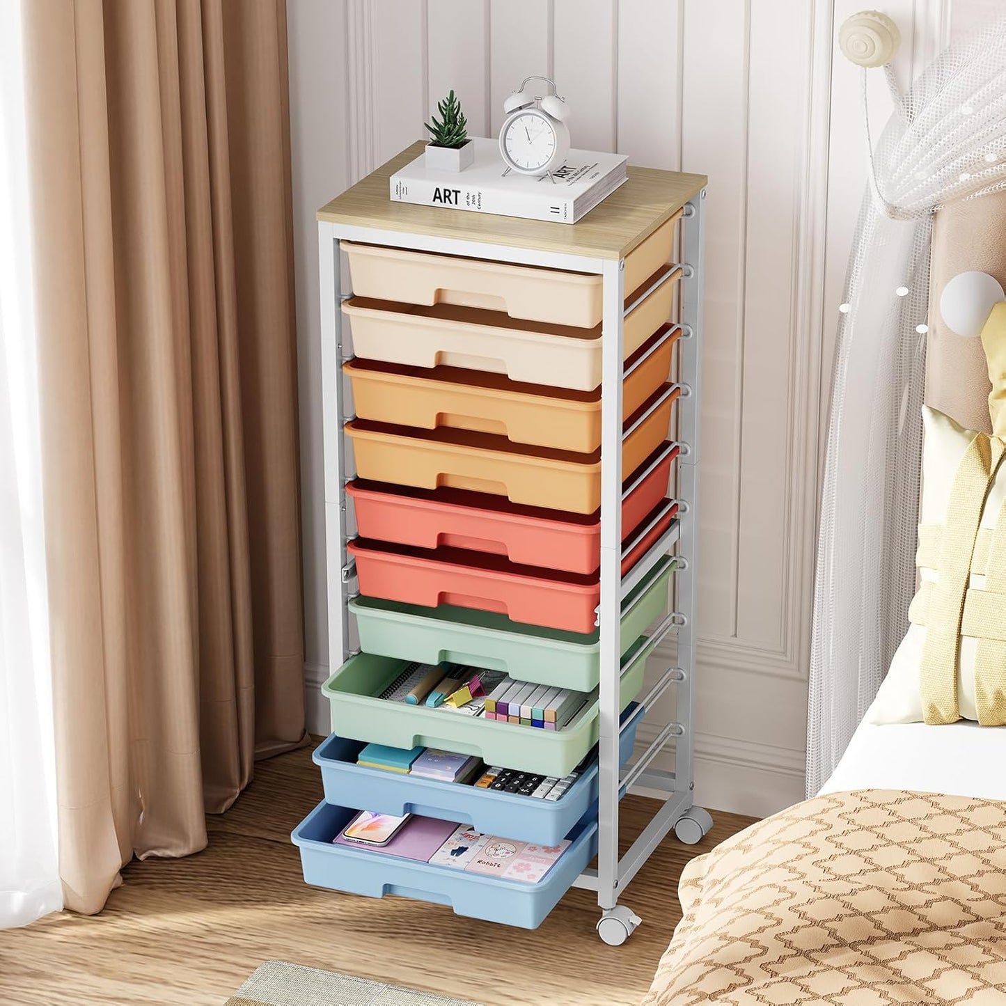 SYKIARIOL Rolling Cart - 10 Drawer Utility Storage Cart with Wheels & Wooden Tabletop | Rainbow Color