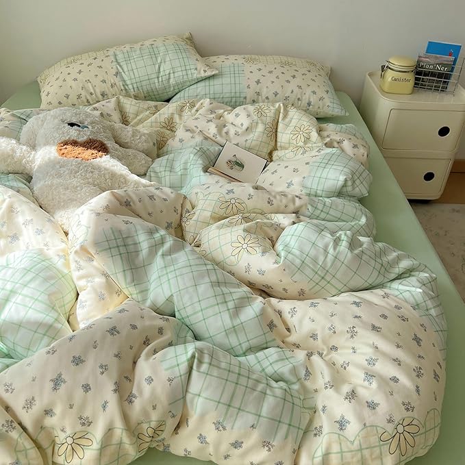 LifeTB Muslin Duvet Cover Queen Size 100% Cotton Botanical Floral Comforter Cover Aesthetic Flower Chic Plaid Desgin Cottagecore Bedding Set Breathable Soft Gauze Duvet Cover with 2 Pillowcases