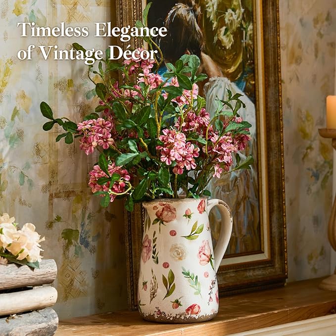 Retro Rustic Large Ceramic Vase with Handle, Distressed Farmhouse Pitcher for Home, Ideal Shelf Decor Floral Vase for Living Room Bedroom Office Table Centerpiece Decorations 9 Inch