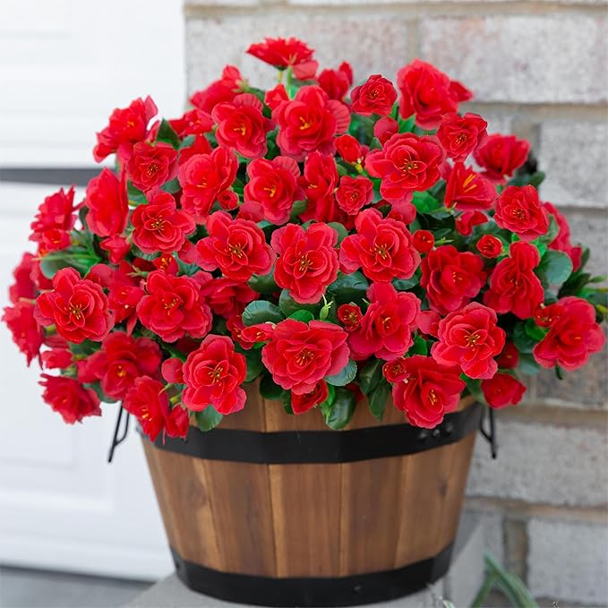Ivydale Artificial Faux Red Flowers Plants for Outdoor Outside Winter Christmas Decor, Fake Silk Camellia UV Resistant Look Real for Planter Porch Patio Balcony Garden Table Indoor, 3 Large Bundles