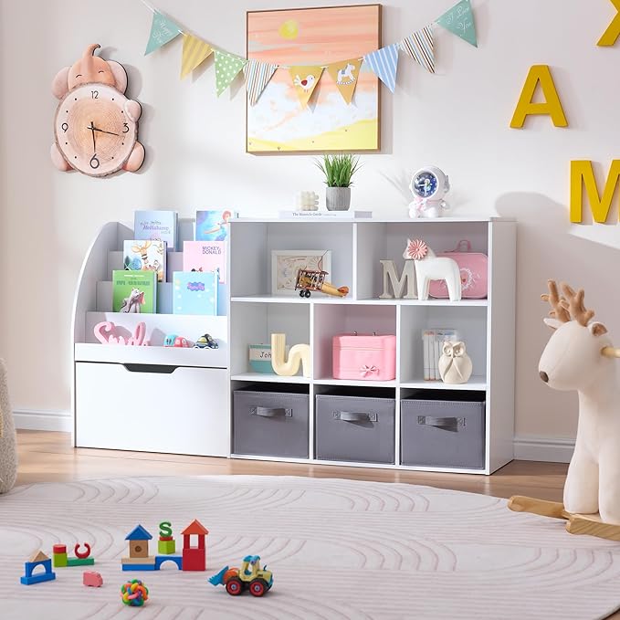 Kids Bookshelf and Toy Storage, 2 Pack 58.5’’ Toy Organizer with Movable Chests & 3 Storage Bins, Large Kids Reading Nook with 5 Cubbies for Playroom, Bedroom, Nursery, White