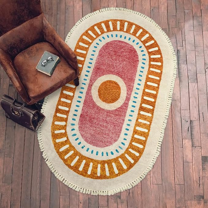 Lukinbox Boho Area Rugs for Living Room, 3x5 Oval Sun Machine Washable Bedroom Rug, Super Soft Non-Slip Orange Circular Rainbow Throw Rug for Entryway Kids Room Playroom Nursery Room Dinning Room