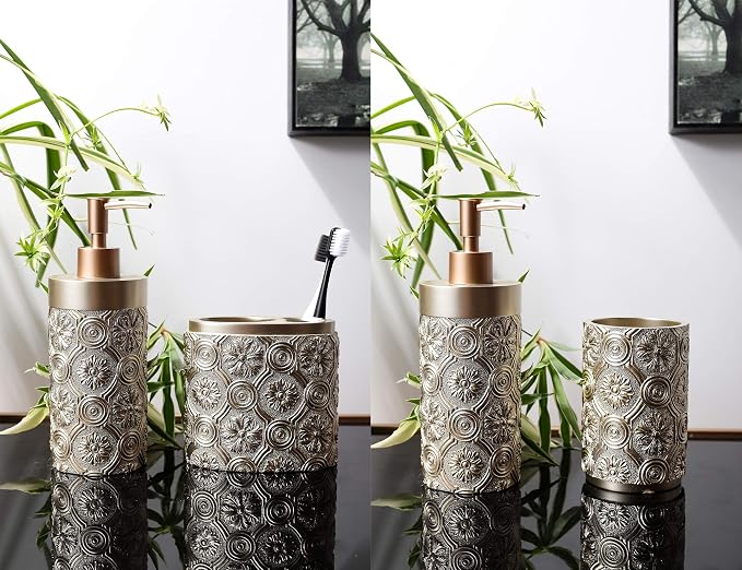 Hymmah Bathroom Accessories Set,Golden Design Toothbrush Holder,Farmhouse Bathroom Decor,4 Pcs Resin Gift Set Apartment Necessities, Contain Toothbrush Cup,Soap Dispenser,Soap Dish,Tumbler