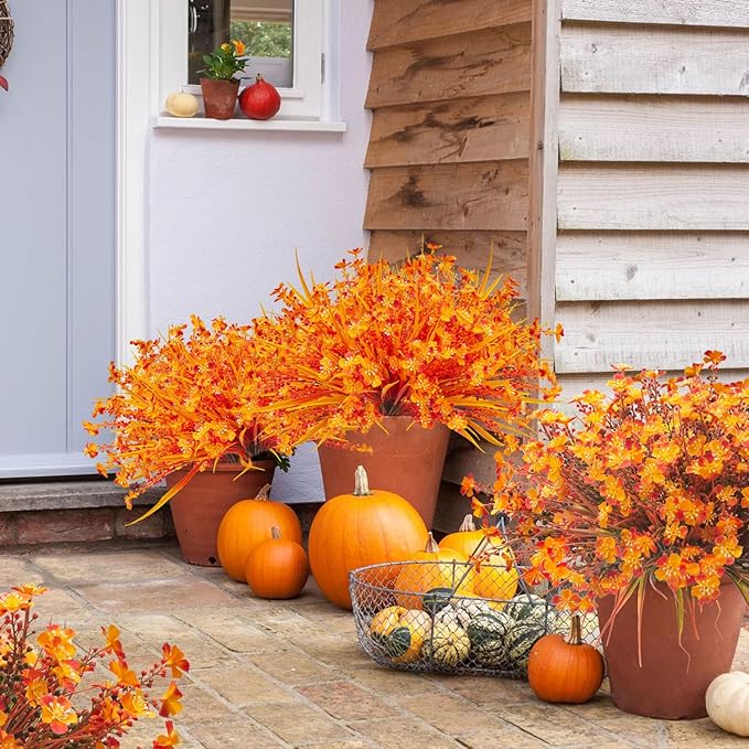 12 Bundles Artificial Fall Flowers for Outdoors Fake Plants UV Resistant Plastic Plants Shrubs Bushes for Home Fall Front Door Porch Garden Autumn Decor (Fall Red)