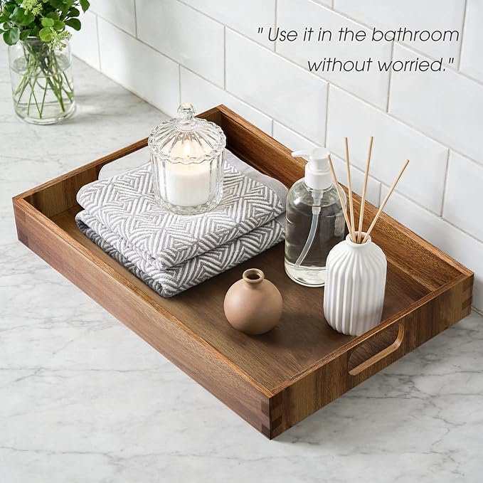 Acacia Serving Trays - 2 Pack, Acacia Wood Serving Platterss, Wood Serving Tray, Decorative Trays for Breakfast, Brunch, Dinner, Coffee Table, Party, Kitchen-M