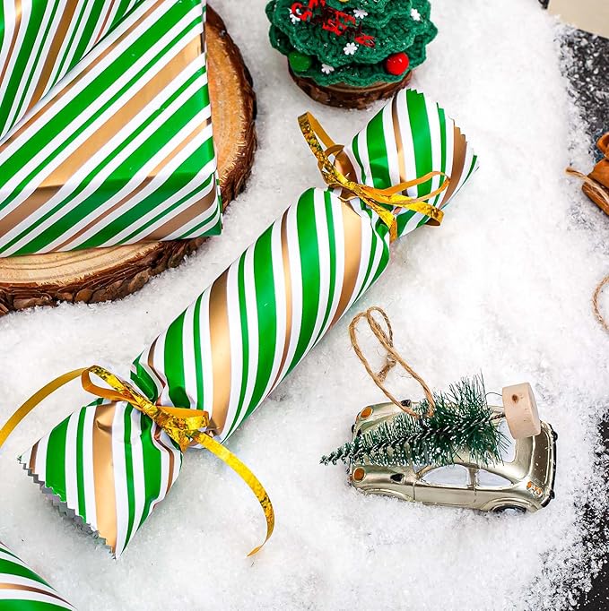 MAYPLUSS Christmas Diagonal Stripe Gift Wrapping Paper - 17 Inch X 33 Feet - Classic Green and Luxury Gold Foil Crafty Stripe Gift Wrap for Holiday Wedding, Birthday Party Showers and Scrapbooking