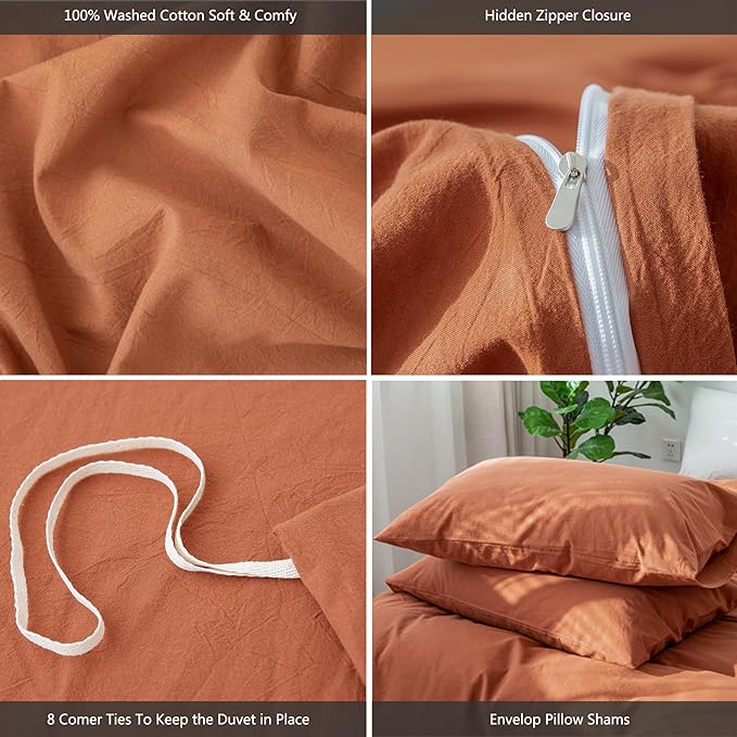 MooMee Bedding Duvet Cover Set 100% Washed Cotton Linen Like Textured Breathable Durable Soft Comfy (Solid Rust Brown, Twin 68"x90")