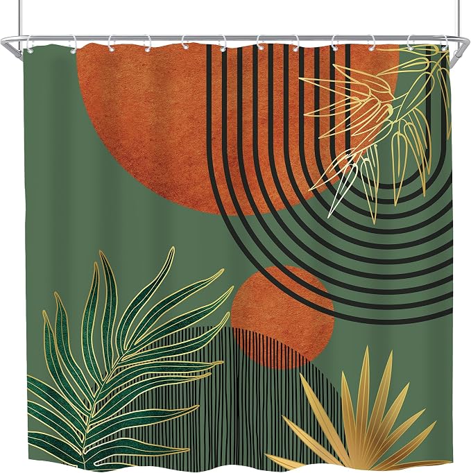 KOMLLEX Mid Century Green Orange Boho Shower Curtain for Bathroom Decor Abstract Modern Sun Minimalist Aesthetic Arch Curve Leaves Geometric Neutral Fabric Waterproof Polyester 12 Pack Hooks 72Wx72L