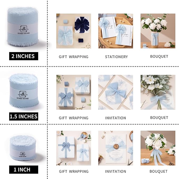 DORIS HOME Baby Blue Chiffon Ribbon for Flower Bouquet, 1" x21Yd Fabric Ribbon for Gift Wrapping, Handmade Frayed Ribbon for Wedding Invitations/Christmas Decorations