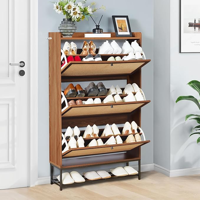 LEVNARY Shoe Storage Cabinet with 3 Flip Drawers, Freestanding Shoe Cabinet Storage Organizer for Entryway, Wooden Narrow Shoe Racks Cabinet with Metal Legs for Hallway (Walnut)