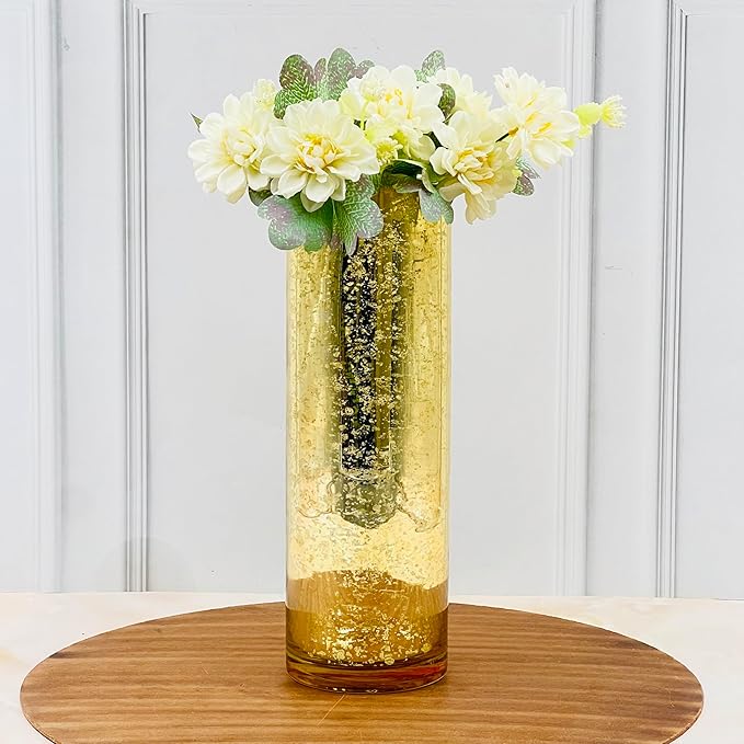 Hosley 12 Inch High Mercury Gold Glass Vase Decorative Glass Hurricane Vase. Ideal for Floral Arrangements Cut Flowers Weddings Aromatherapy DIY Craft Projects Led Lantern Votive Garden Spa