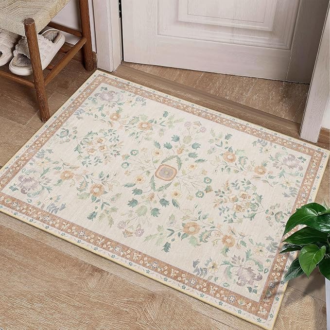 MUJOO Boho Small Rug Washable,2x3 Area Rugs for Entryway,Floral Front Door Mat Indoor Entrance Entry Way,Boho Kitchen Bathroom Floor Rug Throw Carpet Non Slip Low Pile Vintage Beige