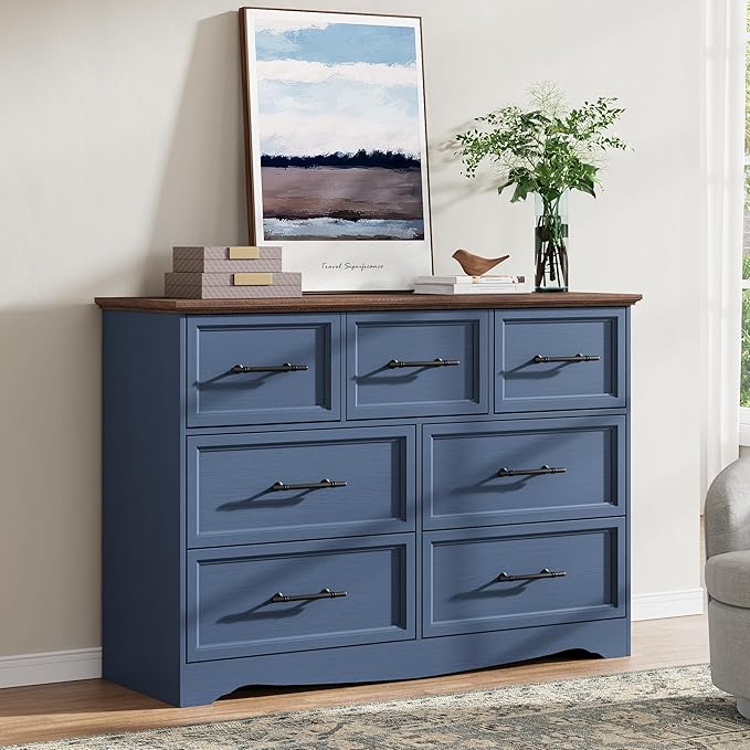 Blue Dresser for Bedroom, Modern 7 Chest of Drawers, 47" Wide Chest of Drawers w/Brushed Metal Handle, Wood Closet Organizers and Storage Cabinet for Bedroom, Living Room, Hallway