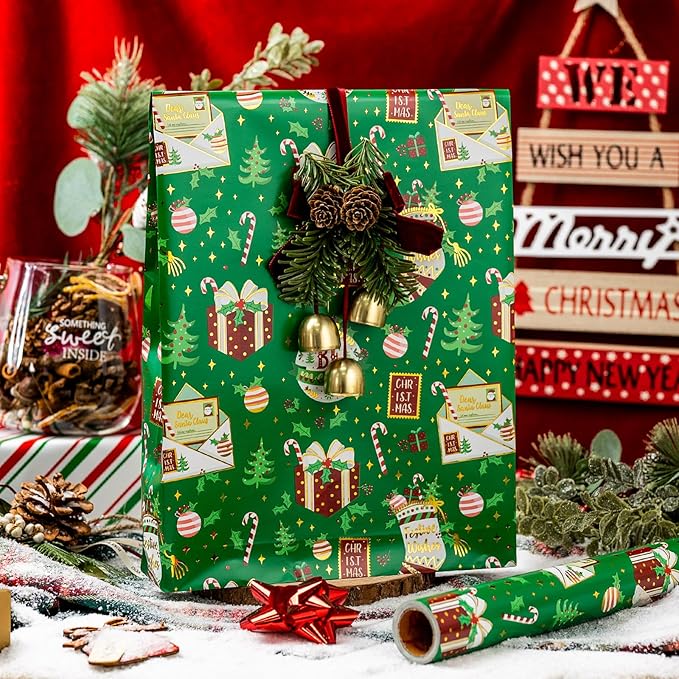 MAYPLUSS Green Christmas Wrapping Paper Roll, Reversible Festive Ornament Wrapping Paper, Metllic Foil Vintage Stocking & Bell Christmas Gift Wrap for Kid Holiday, Celebrations (17 Inch X 33 Feet)