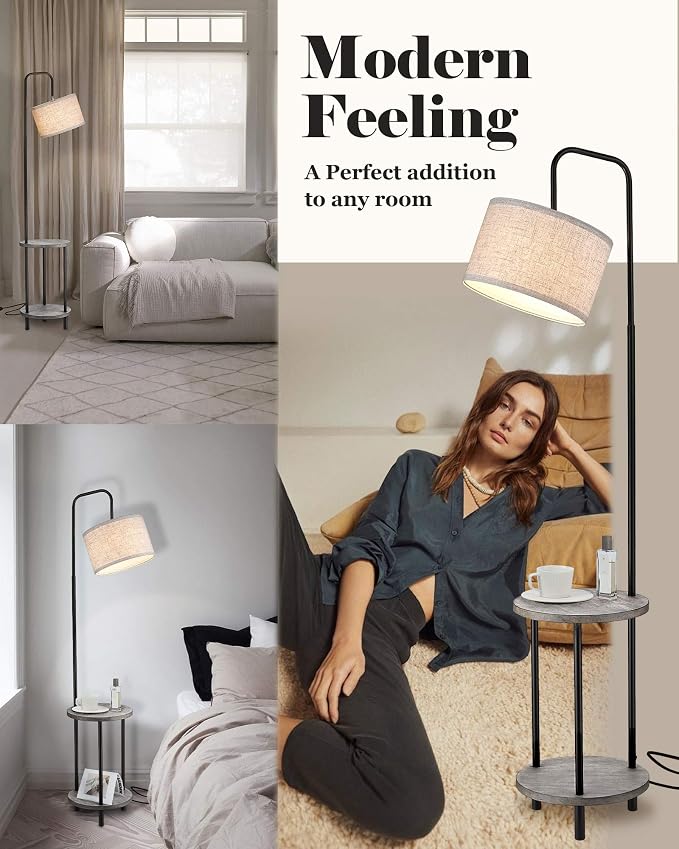 ELYONA Solid Wood Floor Lamp - Rustic Side Table Lamp for Bedroom & Living Room - Mid Century Modern Floor Lamp with 3 Color Temperatures LED Bulb - Industrial Tall Pole Reading Standing Light - Grey