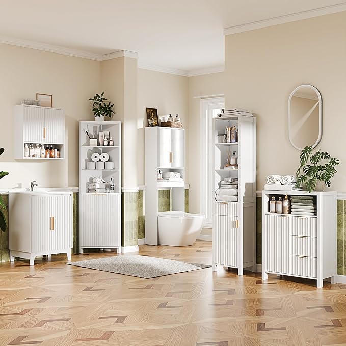 VINGLI Bathroom Floor Storage Cabinet with 3 Drawers, Modern 32" Freestanding Short Storage Organizer with Fluted Door & Adjustable Shelf, 12 Inch Deep White Wooden Console for Small Space