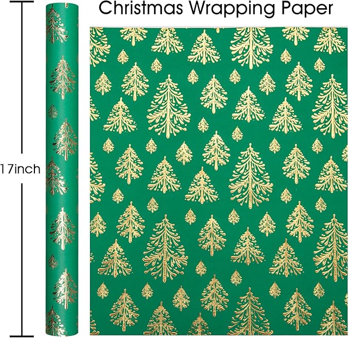 Flyhill Kraft Christmas Wrapping Paper, Green 3D Embossed Gold Foil Christmas Pine Tree with Woodlands Wrap Paper for Holiday, Party,Celebration, New Year (17 Inch X 32.8 Feet)