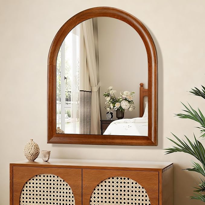 Tanmicoshomy Wood Arched Bathroom Mirror for Wall 30x36 Inch, Wall Mirrors with Tempered Glass for Living Room, Bedroom or Entryway