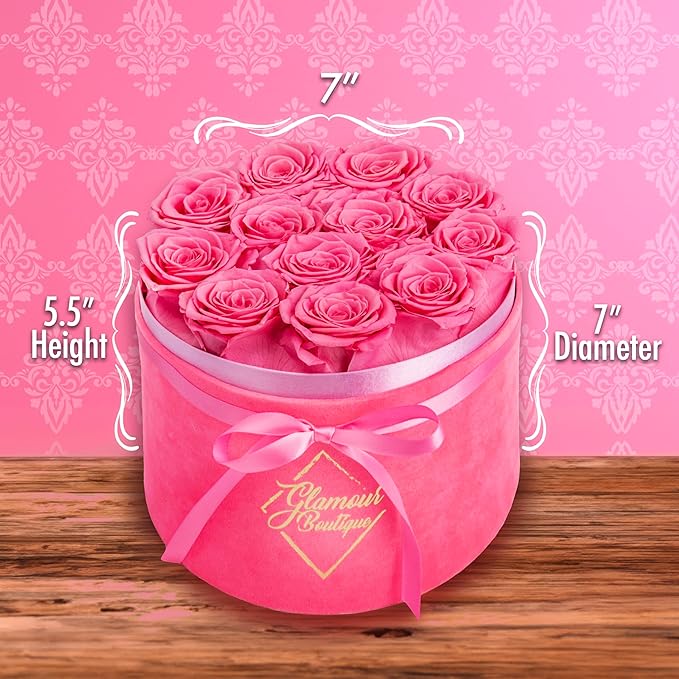 GLAMOUR BOUTIQUE Flower Forever Gift Box 12 Real Preserved Roses in Round Velvet White Box, Handmade, Rose Petals, Birthday, Marriage, Anniversary, Graduation - Velvet Pink