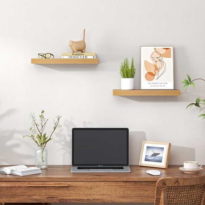 Heimlove Floating Shelves for Wall,16 inchs Shelf for Small Bathroom,Mounted Storage & Display Wood Shelves for Bedroom,Living Room,Kitchen,Office,Set of 2,Oak Color