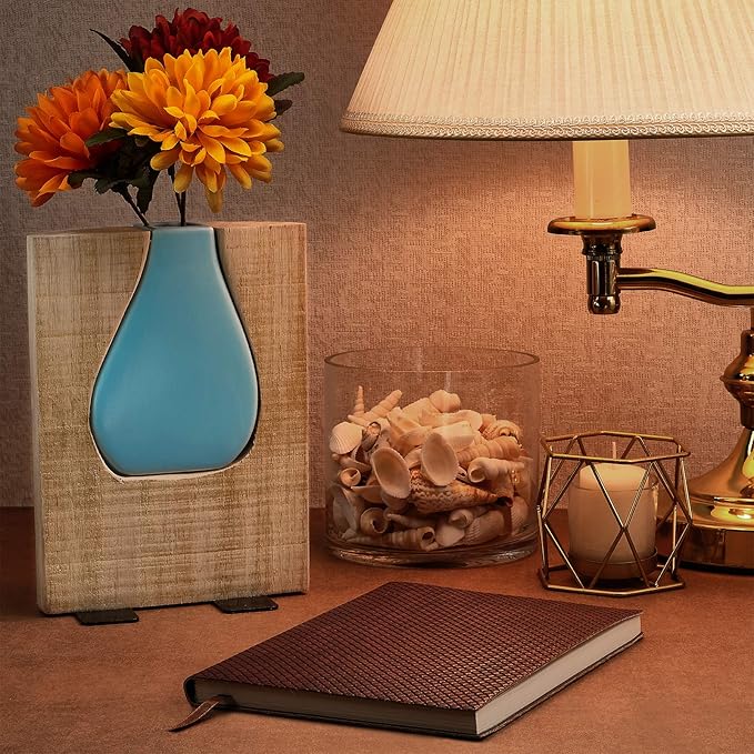 Excello Global Products Matte Teal Glass and Wood Vase - Rustic Flower Vase Decorative Centerpieces for Dining Room Table Coffee Tables Vintage Farmhouse Decor (Short - 8" x 6")