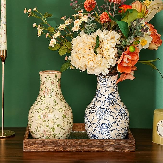 Sungmor Blue and White Ceramic Flower Vase, Vintage Ice Cracked Glaze Porcelain Vase, Pretty Centerpieces Flower Arrangement Vase for Home Decor, 8.2 Inch Decorative Vases for Table, Shelf, Mantel