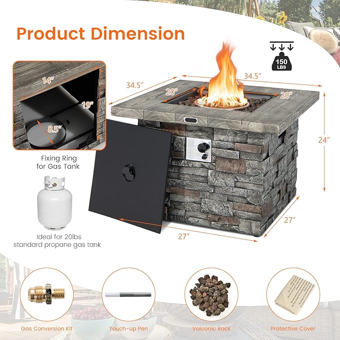 Giantex 34.5" Propane Gas Fire Pit Table - Patio 2-in-1 Outdoor Square Fire Table W/Volcanic Rock & PVC Cover, Stainless Steel Burner, 50,000 BTU Heat Output, Faux Stone Surface, Outside Fireplace