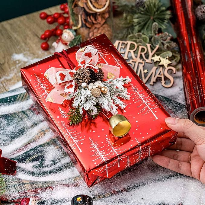 MAYPLUSS Christmas Wrapping Paper Roll - 17IN X 33FT - Reversible Christmas Gift Wrapping Paper Featuring Tree Against Red for Kids, Holiday, New Year