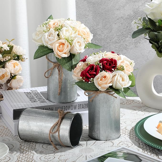 Domensi 5.91 in High Farmhouse Vase Decor Galvanized Metal Flower Vase with Twine Bow Vintage Rustic Tin Flower Buckets for Artificial Floral Table Container DIY(Iron Color,24 Pcs)