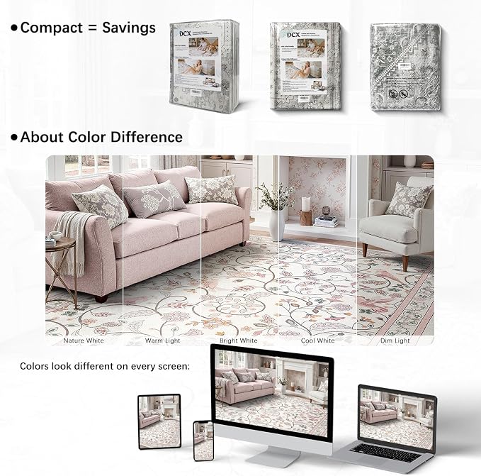 DCX Pink Vintage Floral Area Rug 6x9, Machine Washable Botanical Bird Rug Non Slip Soft Low Pile Large Carpet for Living Room, Bedroom, Dining Room, Home Office