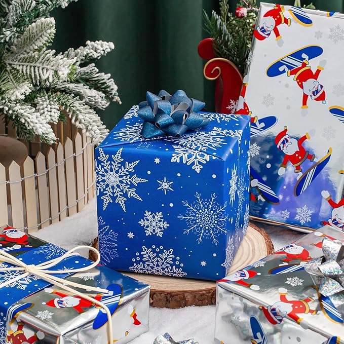MAYPLUSS Reversible Christmas Wrapping Paper Roll - 17Inch X 33Feet - Funny Metallic Foil Athletic Santa Claus Skating Snow Pattern Winter Gift Wrap Paper for Christmas, Holiday, Party, Celebration