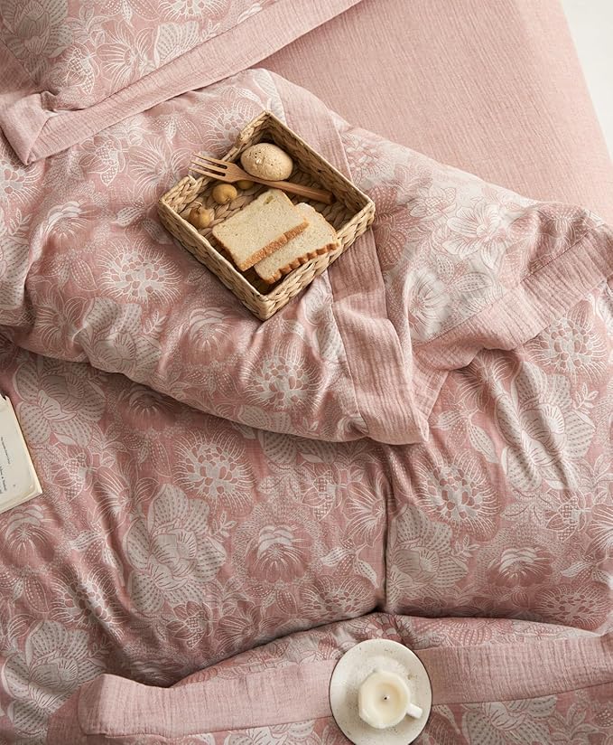 VM VOUGEMARKET Jacquard Floral Duvet Cover Set King,Yarn-Dyed Cotton Blush Pink Flower Duvet Cover Bordered,Vintage Garden Style Bedding Set King Size 3 Pieces
