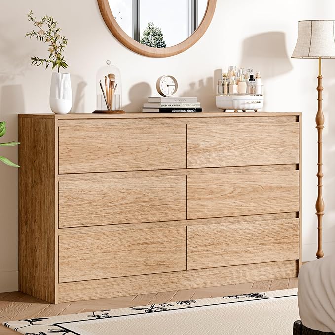6 Drawer Dresser,47" Wide Mid Century Chest of Drawers,Wooden Bedroom Drawer Dresser with 6 Storage Drawers for Bedroom,Living Room,with Anti-Tipping Device,Natural