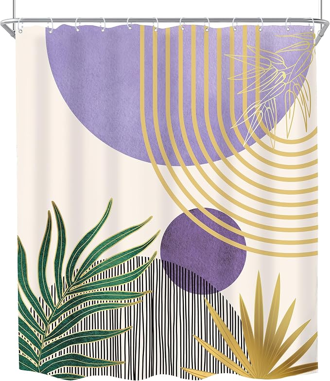 KOMLLEX Mid Century Purple Green Boho Shower Curtain 60Wx72L Inches Abstract Modern Shower Curtains for Bathroom Gold Botanical Minimalist Arch Sun Fabric Liner Waterproof Polyester 12 Pack Hooks