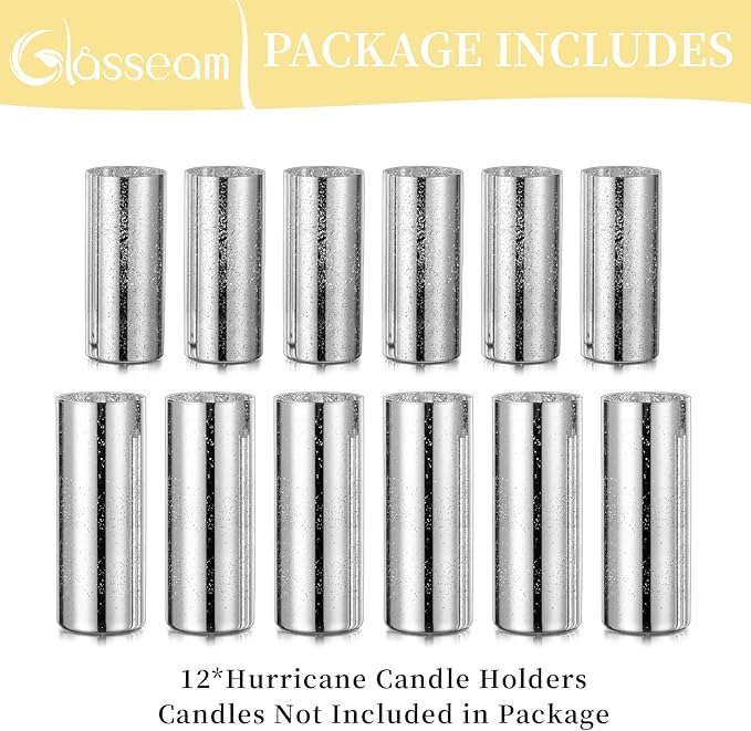 Silver Mercury Glass Cylinder Vase: Set of 12 Glasseam Floating Candle Vases for Centerpieces Deocrative Modern Vase for Flowers Hurricane Pillar Candle Holders for Table Centerpiece Wedding Decor