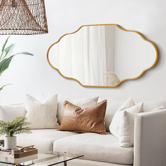 Scalloped Mirror for Bathroom - 20"x36" Gold Bathroom Mirror with Aviation Aluminum Alloy Frame & Shatter-Proof Glass for Living Room Bedroom Entryway, Brushed Gold Frame(x1)