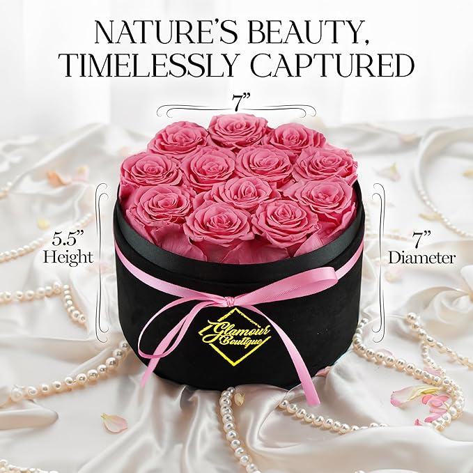 GLAMOUR BOUTIQUE Flowers Forever Gift Box 12 Real Preserved Roses in a Velvet Black Box, Birthday for Her Mom and Wife, Mothers Day, Anniversary, Graduation - Pink