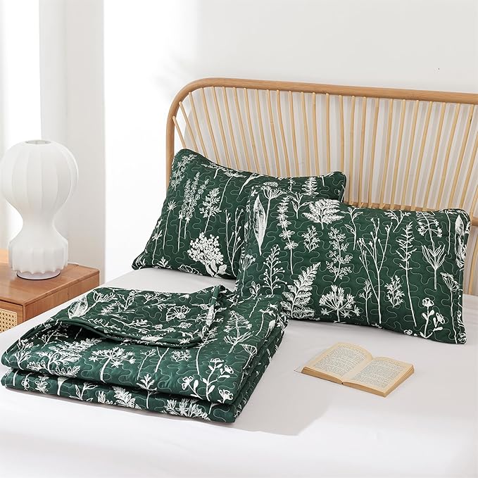 JANZAA Quilts Queen Size Emerald Green Floral Queen Quilt Bedding Set Microfiber Boho Bedspread Lightweight Reversible Coverlet 1 Quilt 90x90 inches with 2 Pillow Cases